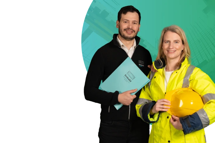 Embuild-vertegenwoordiger en vrouw in reflecterend vest en helm